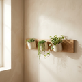 Fern Rail Trio three cream ceramic pots on oak wall rail with trailing plants