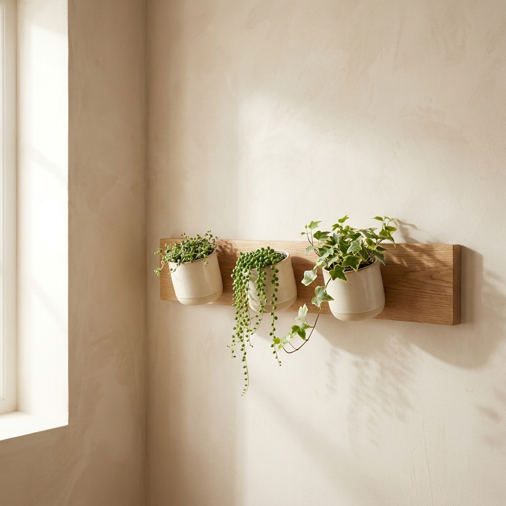 Fern Rail Trio three cream ceramic pots on oak wall rail with trailing plants