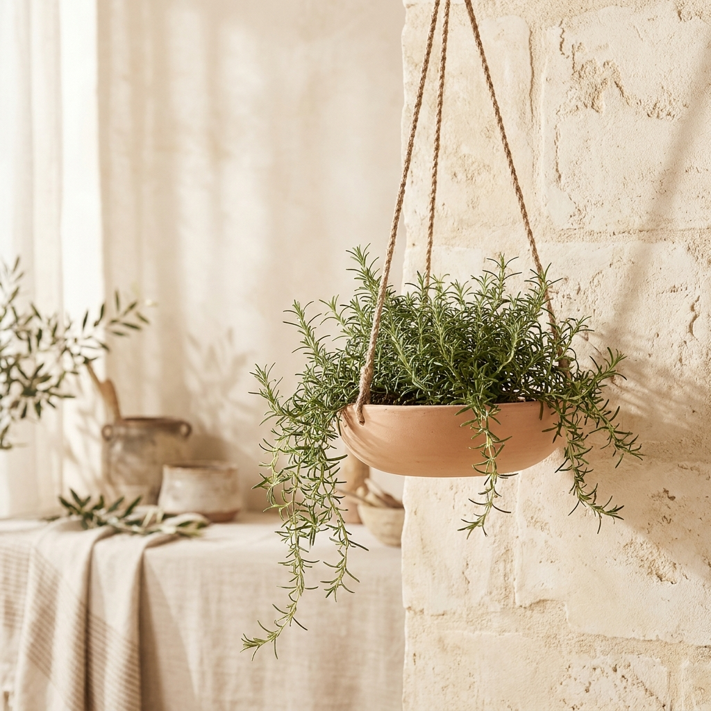 Solis Hanging Bowl natural terracotta hanging planter on jute rope with trailing rosemary