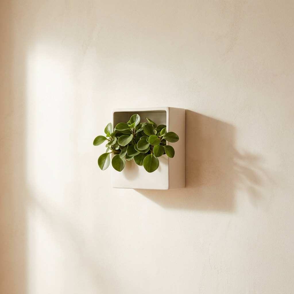 Mira Wall Niche bone ceramic square wall planter with peperomia on plaster wall