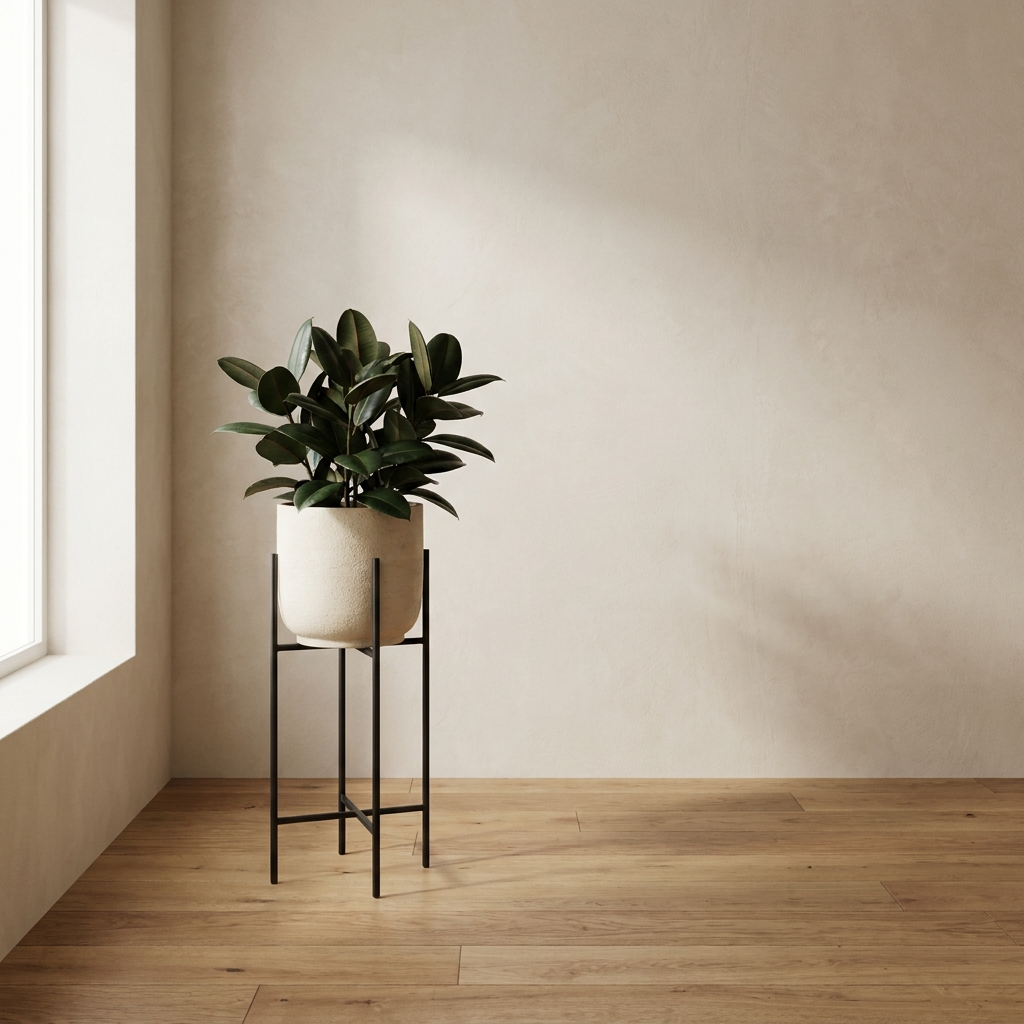 Beckett Steel Stand matte black plant stand with cream ceramic planter and rubber plant