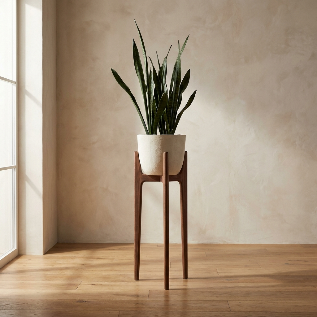 Ada Walnut Stand solid walnut tripod plant stand with bone ceramic planter and snake plant