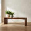 Corin Plant Bench low solid oak bench with cream and sage ceramic planters and ferns