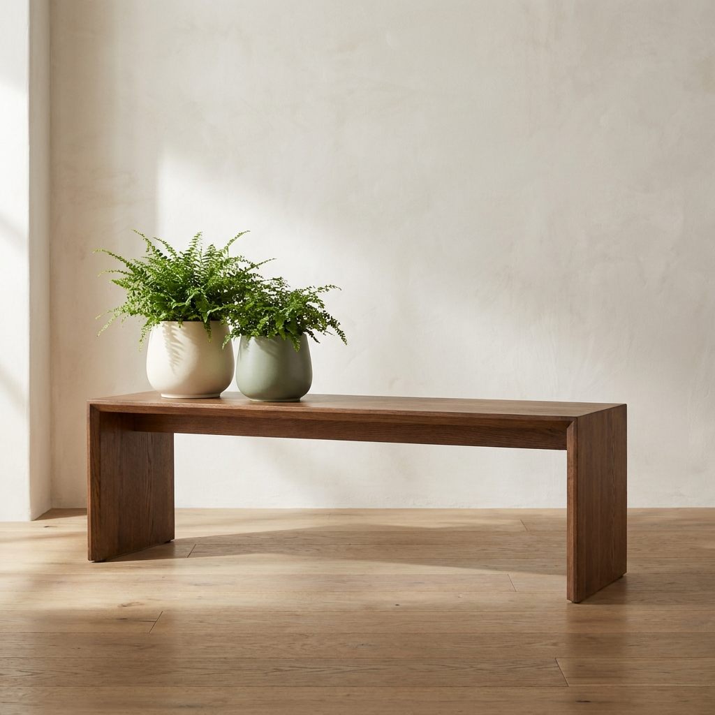 Corin Plant Bench low solid oak bench with cream and sage ceramic planters and ferns