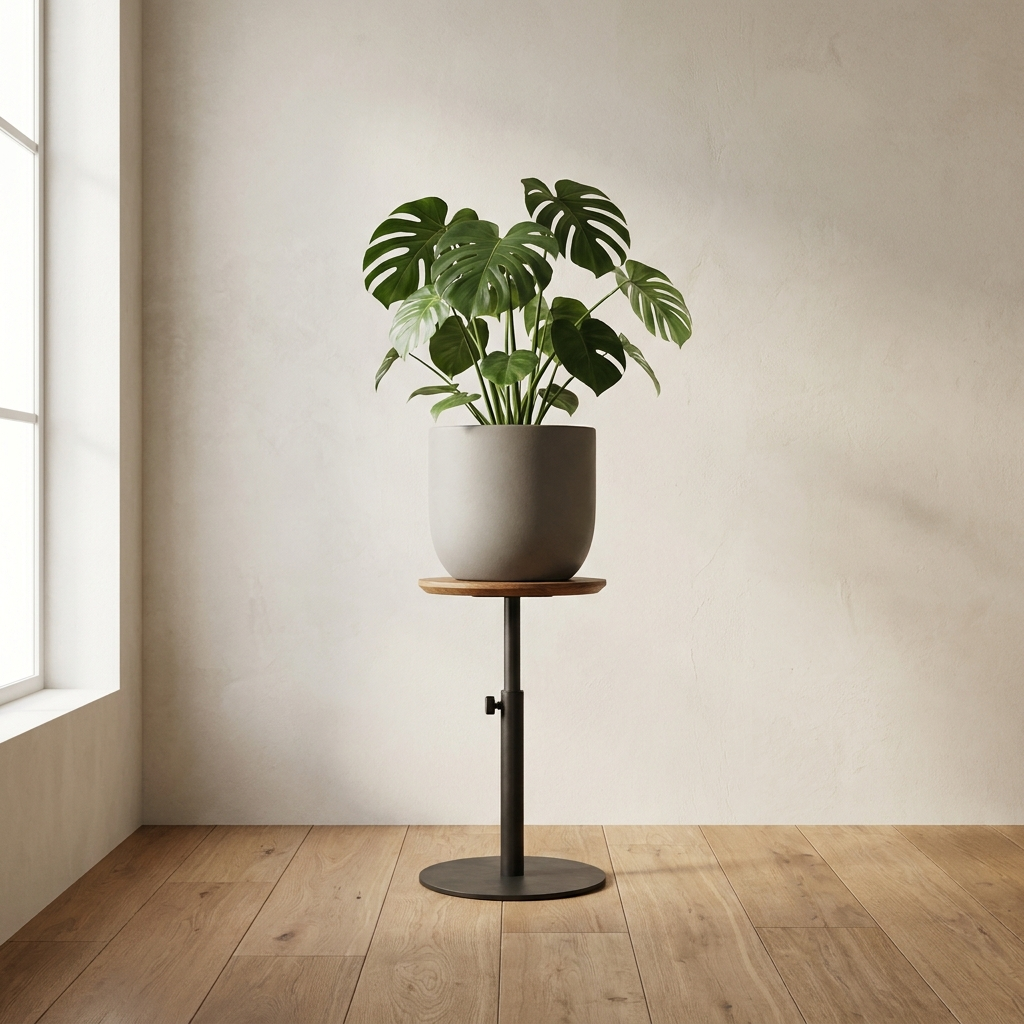 Halsey Adjustable Stand blackened steel and oak plant stand with stone grey planter and monstera