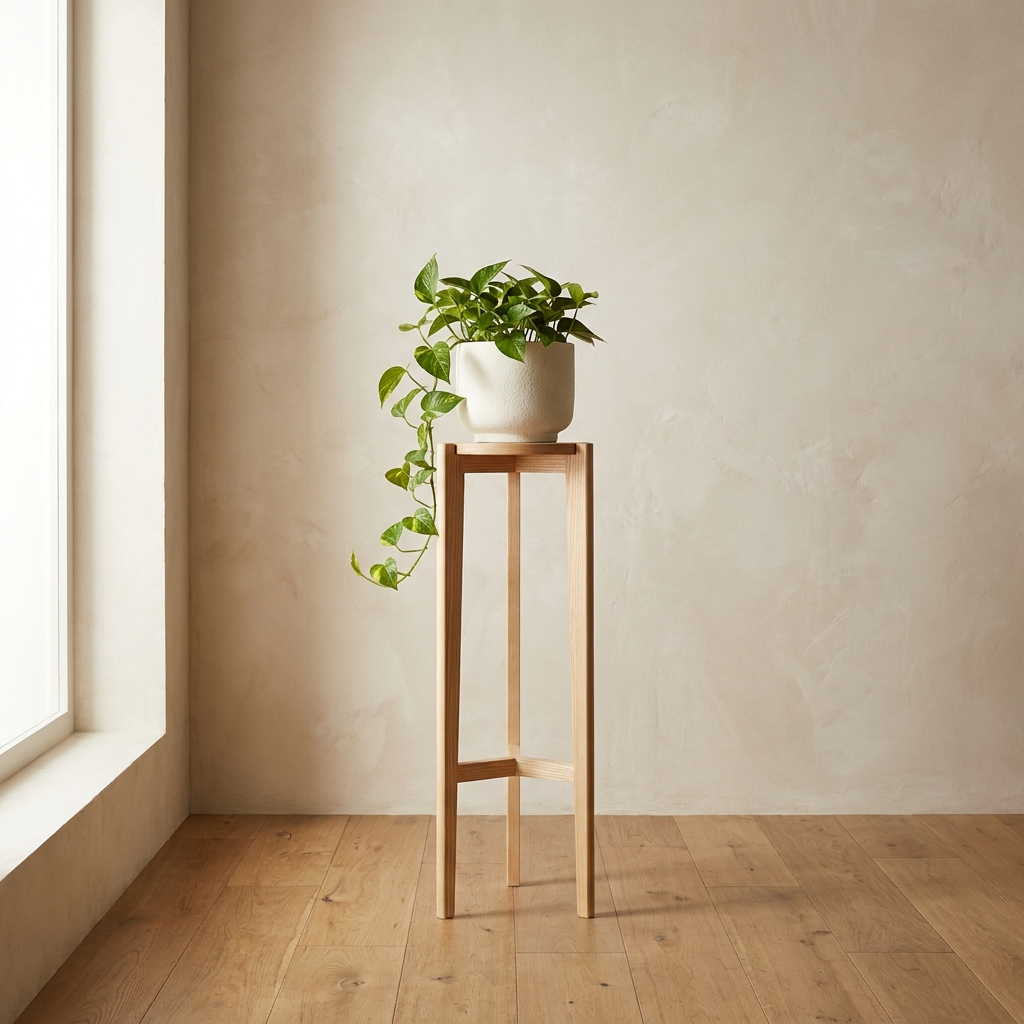 Nolan Tall Stand natural ash counter-height plant stand with bone planter and trailing pothos