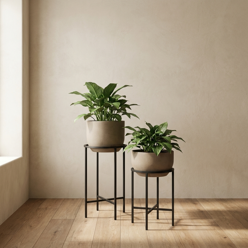 Ridge Nesting Stands pair of matte black steel plant stands at two heights with ceramic planters