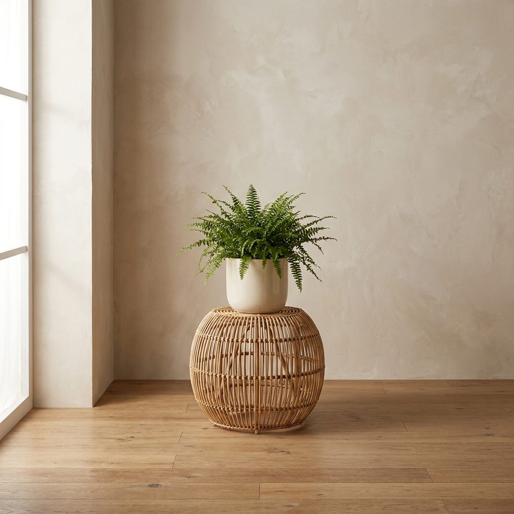 Sana Rattan Stand woven natural rattan plant stand with cream ceramic planter and fern