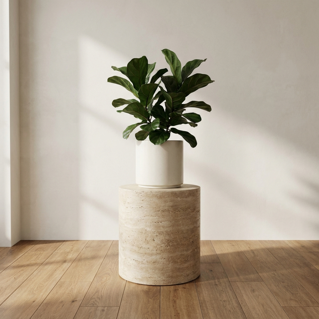 Ellery Travertine Pedestal solid stone plant pedestal with bone ceramic planter and fiddle leaf fig