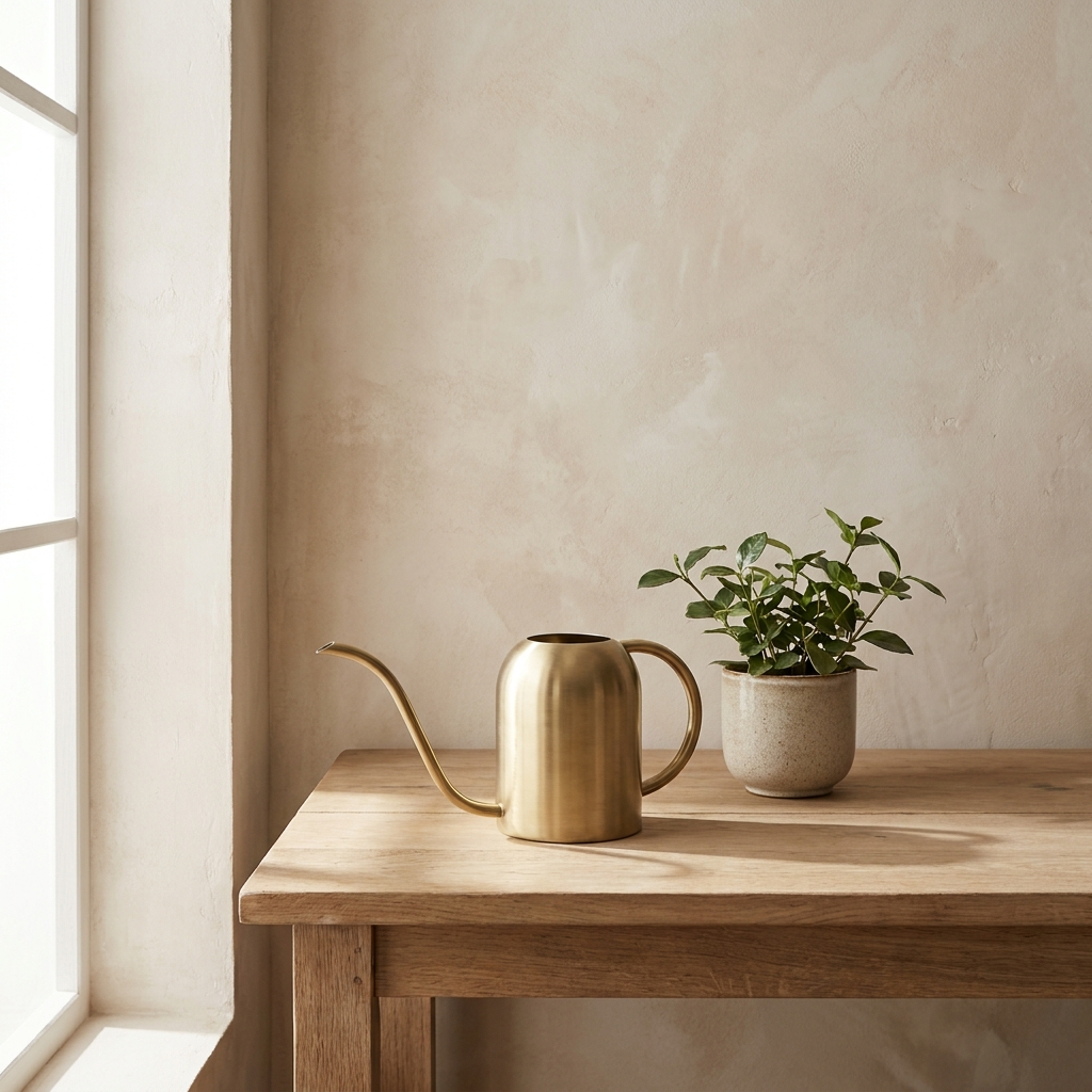 Verdant Brass Watering Can brushed brass watering can with long spout on oak potting bench