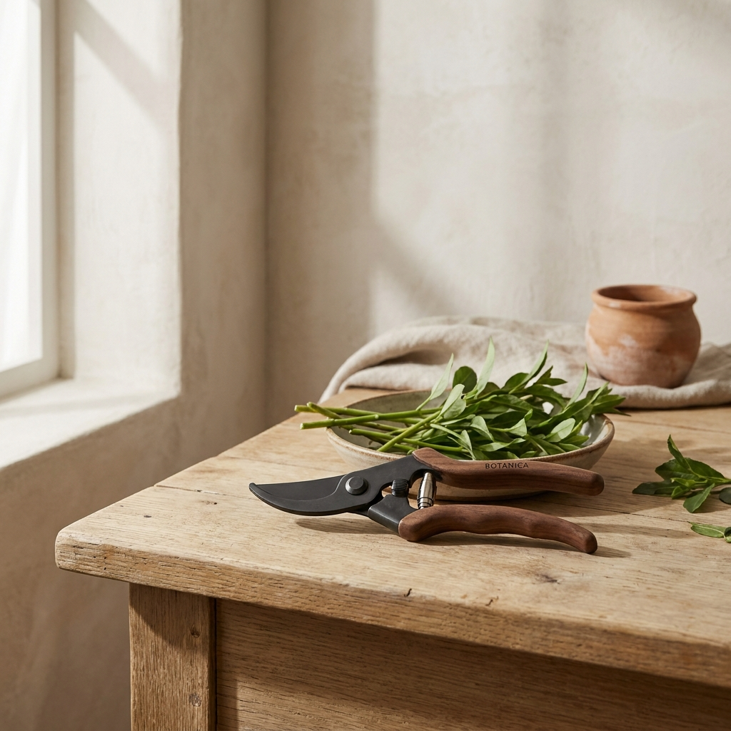 Haven Pruning Shears carbon steel and walnut pruning shears on oak potting bench