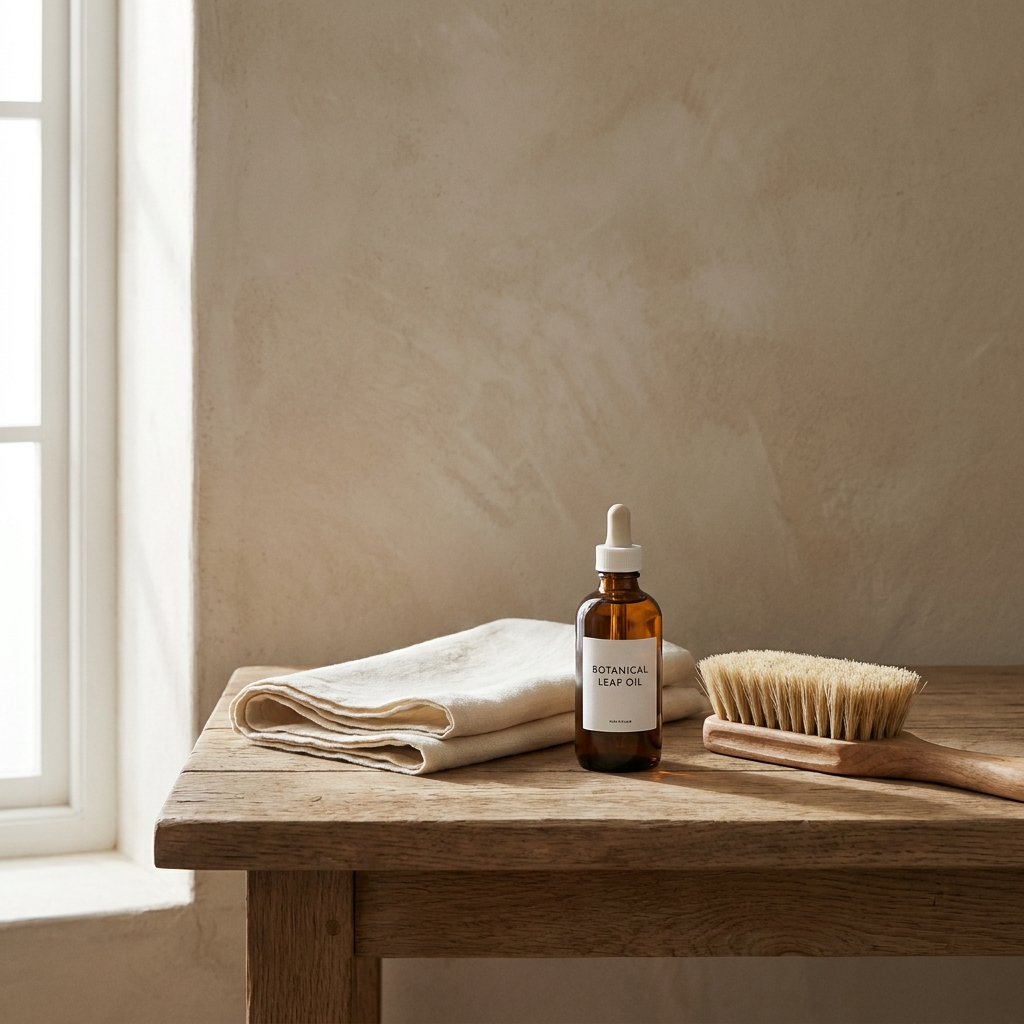 Leaf Care Kit with linen cloth botanical leaf oil and soft brush on oak potting bench