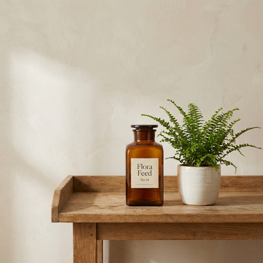 Flora Feed No. 01 amber glass bottle of liquid plant food beside fern on oak bench
