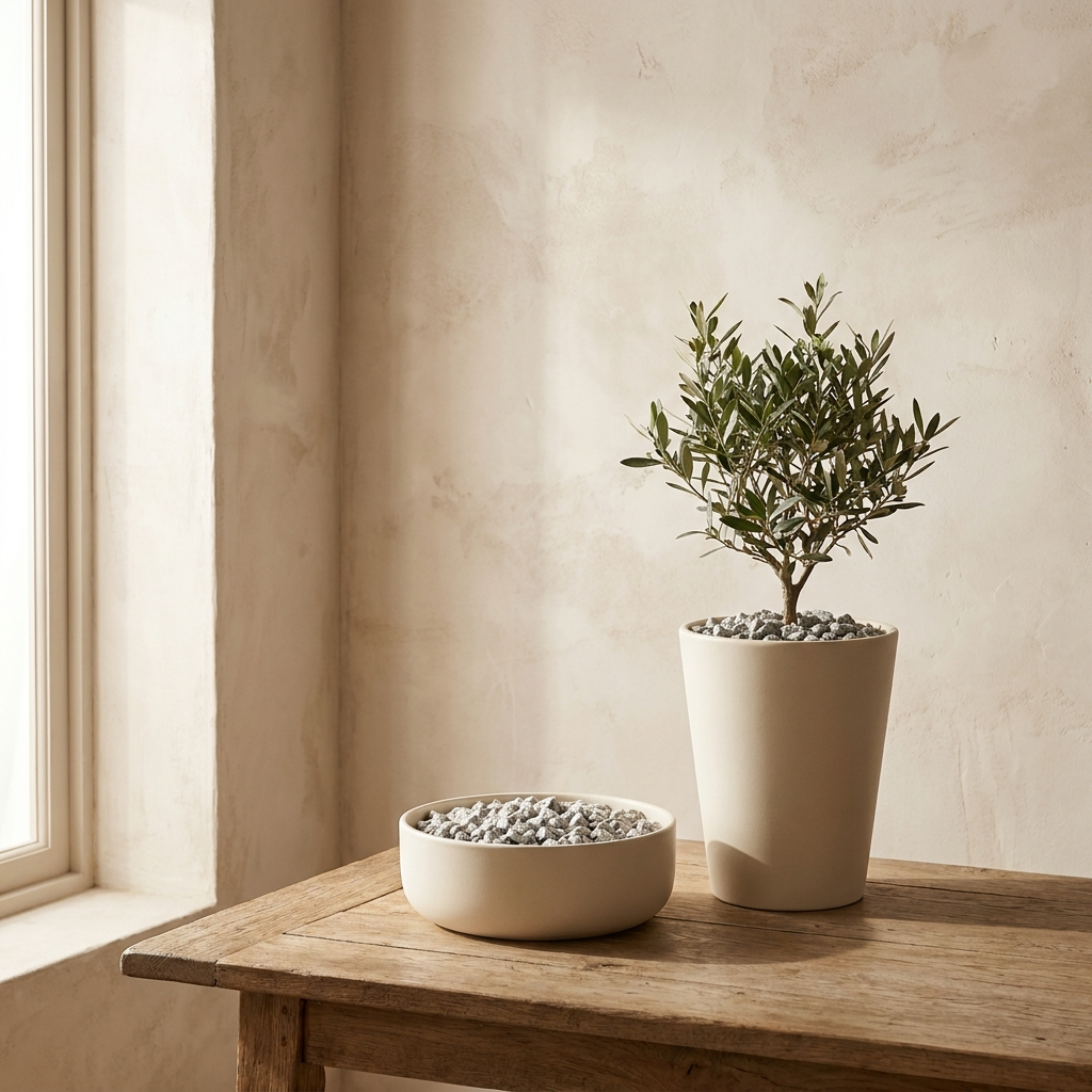 Granite Top Dressing crushed grey stone planter topper beside cream ceramic planter