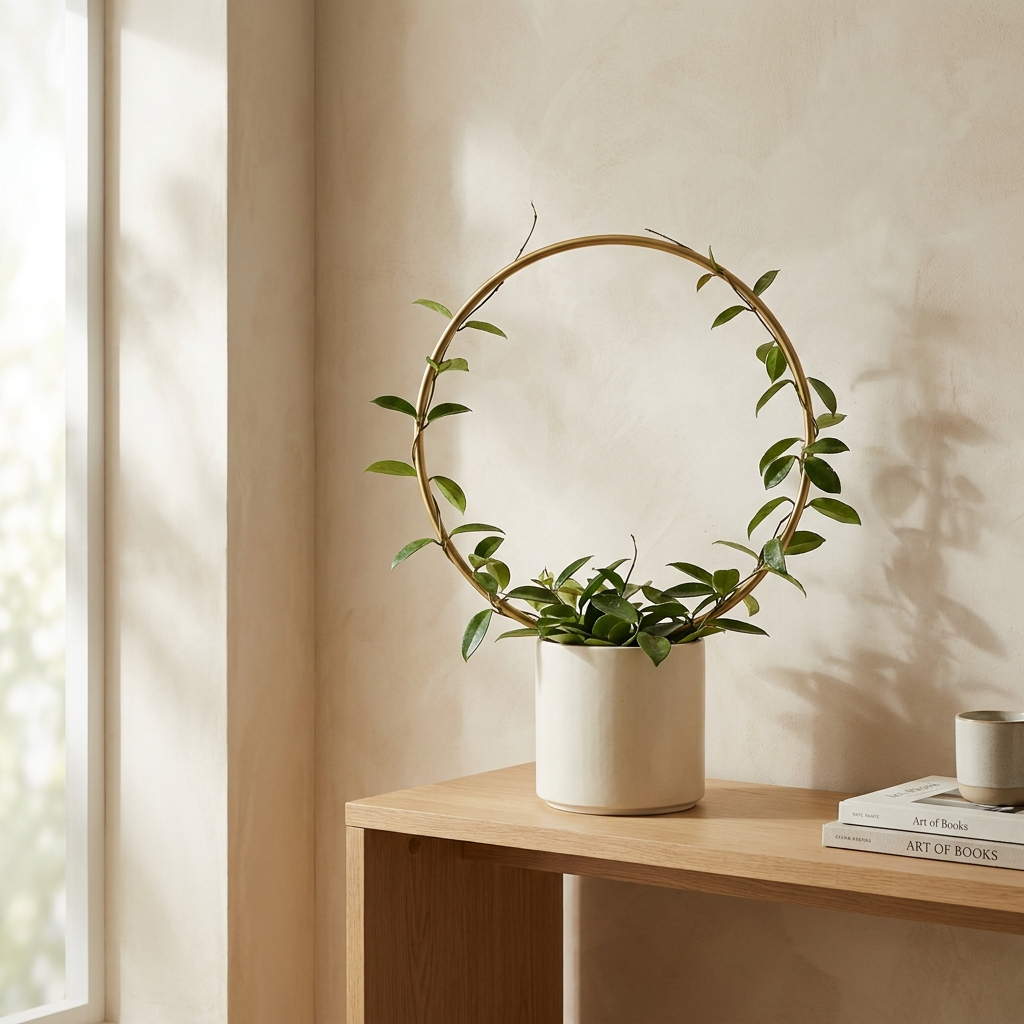 Brass Trellis Hoop brushed brass circular plant trellis with climbing hoya in bone planter
