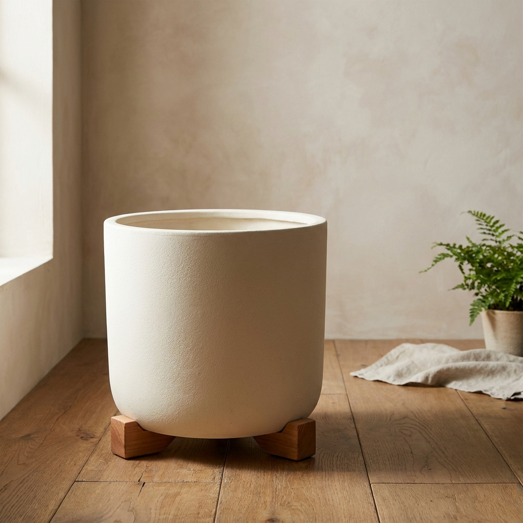 Alder Pot Feet Trio wooden pot risers lifting cream ceramic planter off oak floor