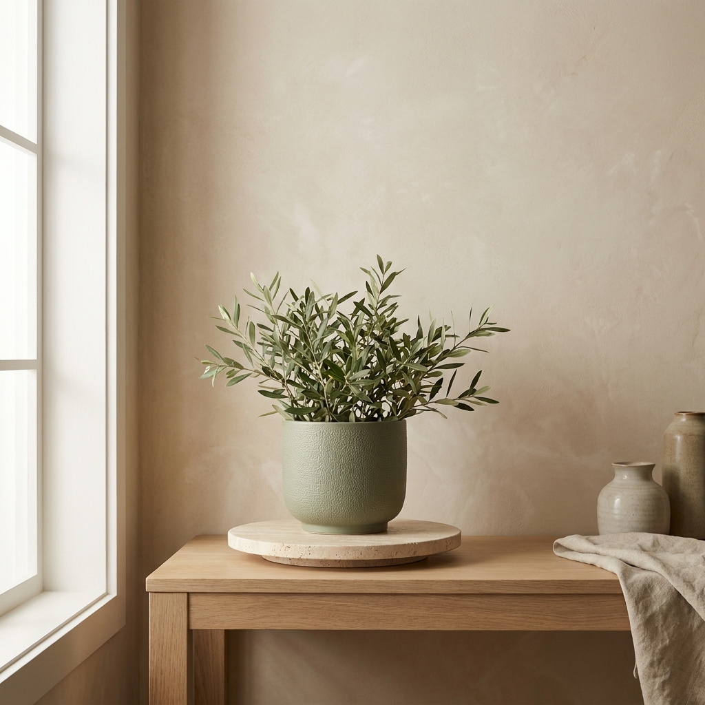 Travertine Riser honed stone disc elevating sage ceramic planter on oak console