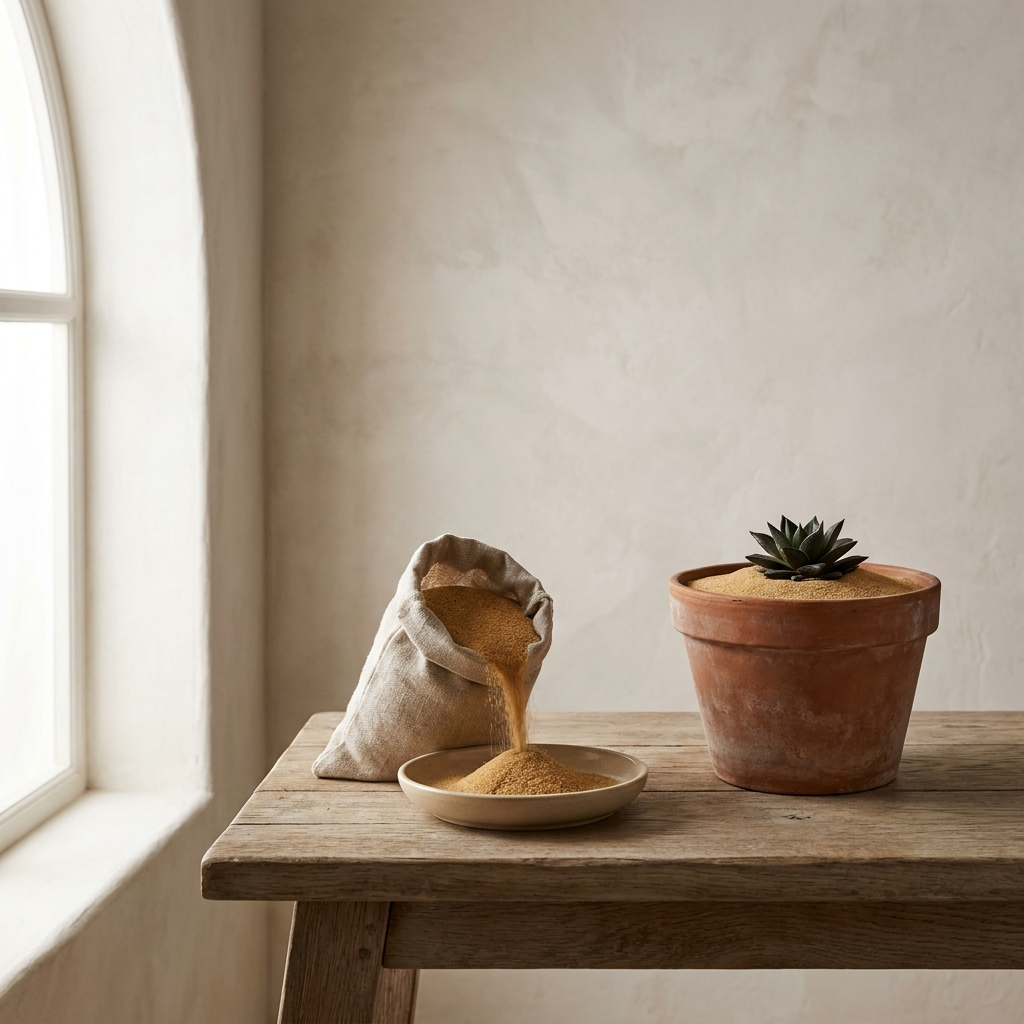 Sable Sand Dressing warm natural sand planter topper beside terracotta planter