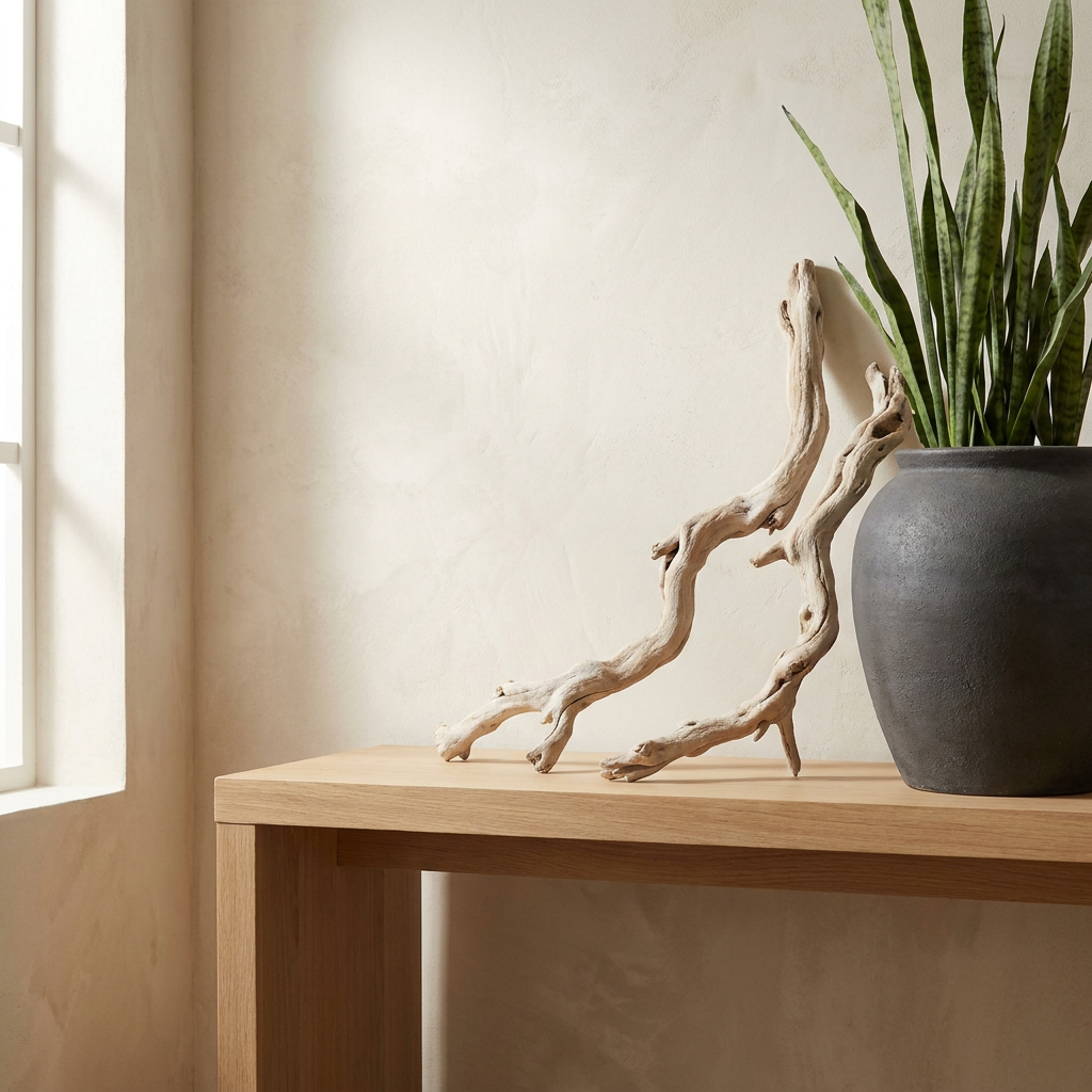 Driftwood Accent Branches pale sculptural driftwood beside charcoal planter with snake plant