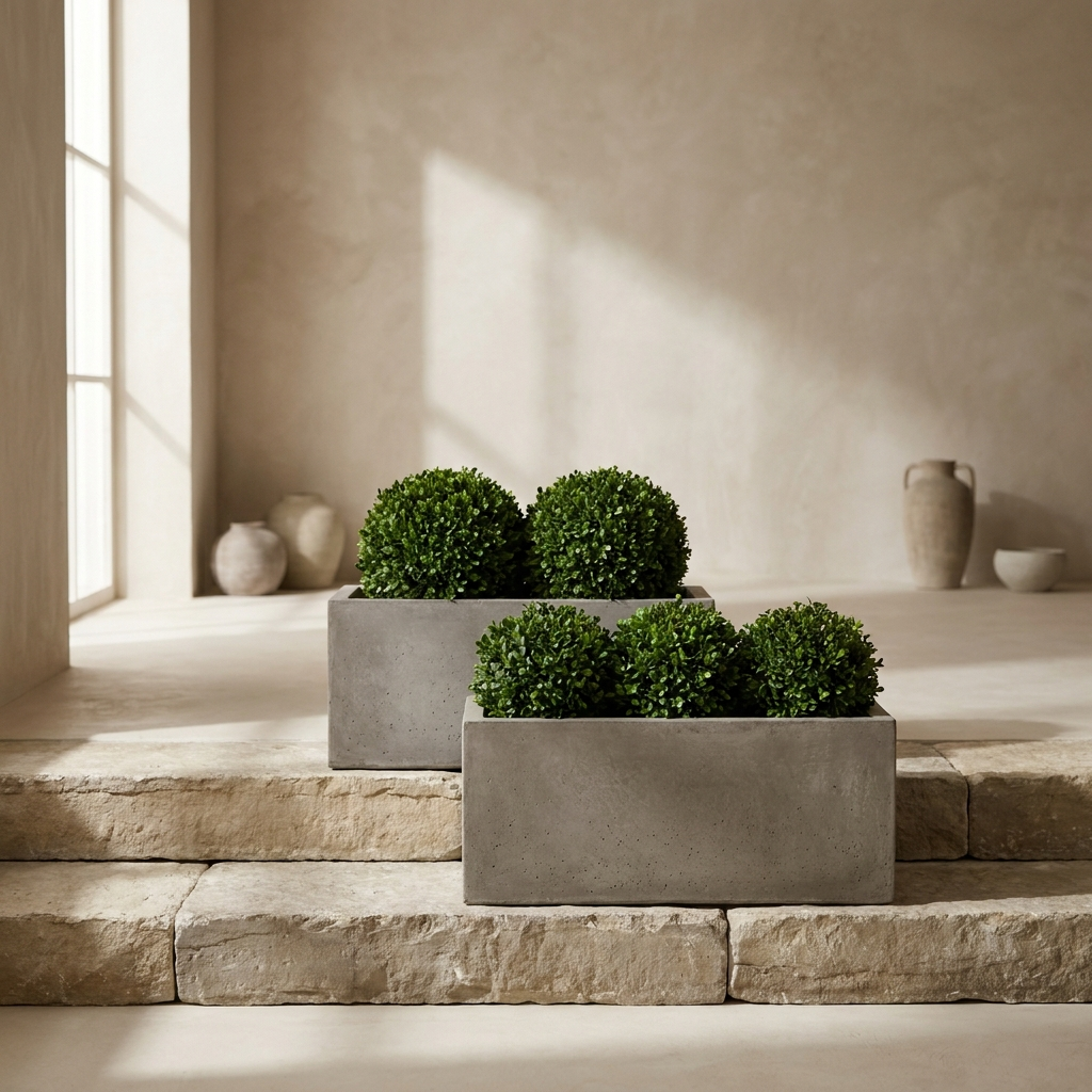 Ledger Step Pair two cast concrete planters at stepped heights with boxwood on limestone steps