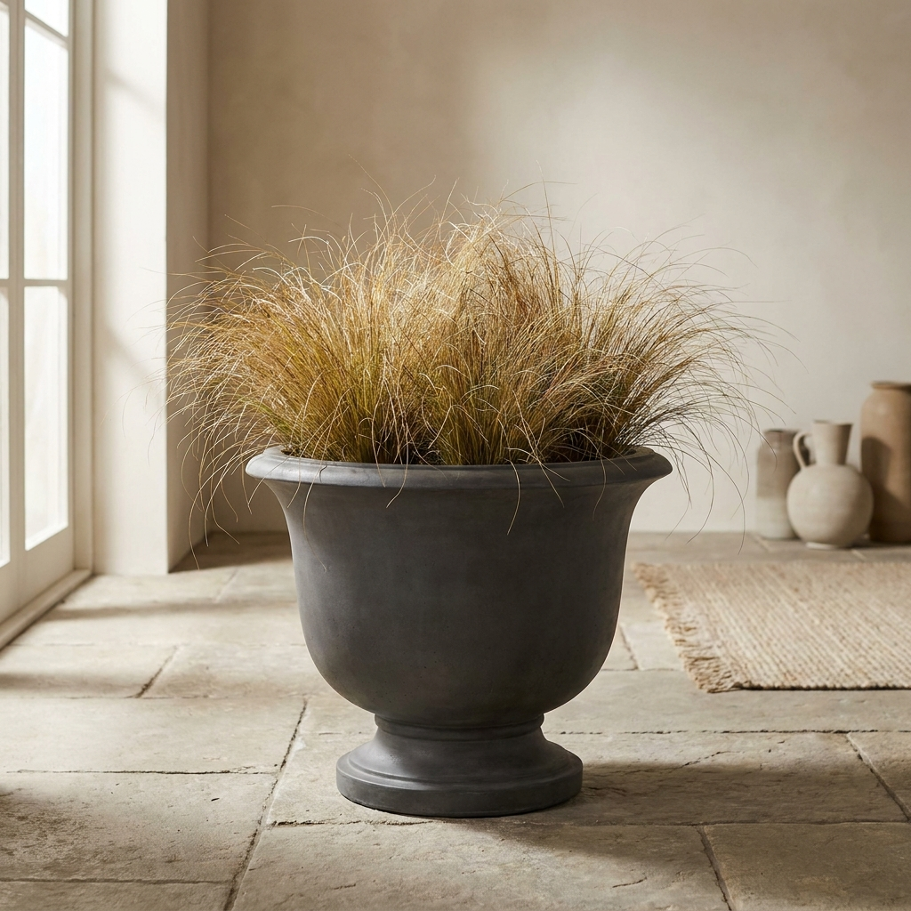 Cairn Round Pedestal graphite cast concrete pedestal planter with ornamental grasses