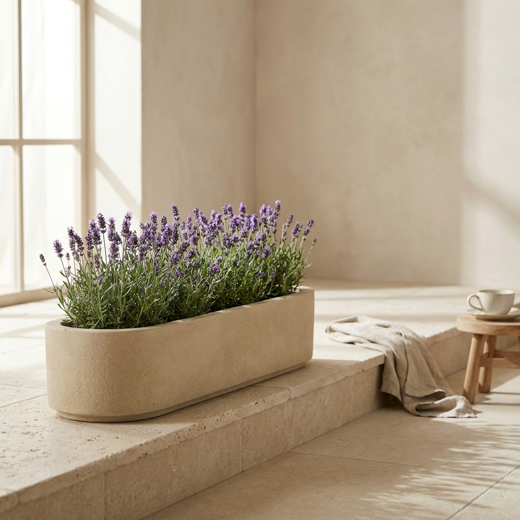 Umbra Oval Trough long cast concrete trough planter with lavender on limestone patio