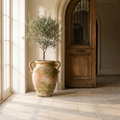 Lucca Urn classical terracotta urn planter with olive tree beside grand doorway