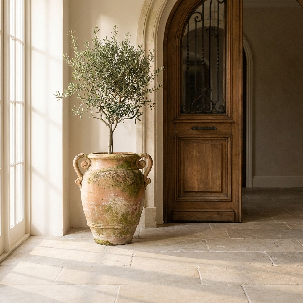 Lucca Urn classical terracotta urn planter with olive tree beside grand doorway