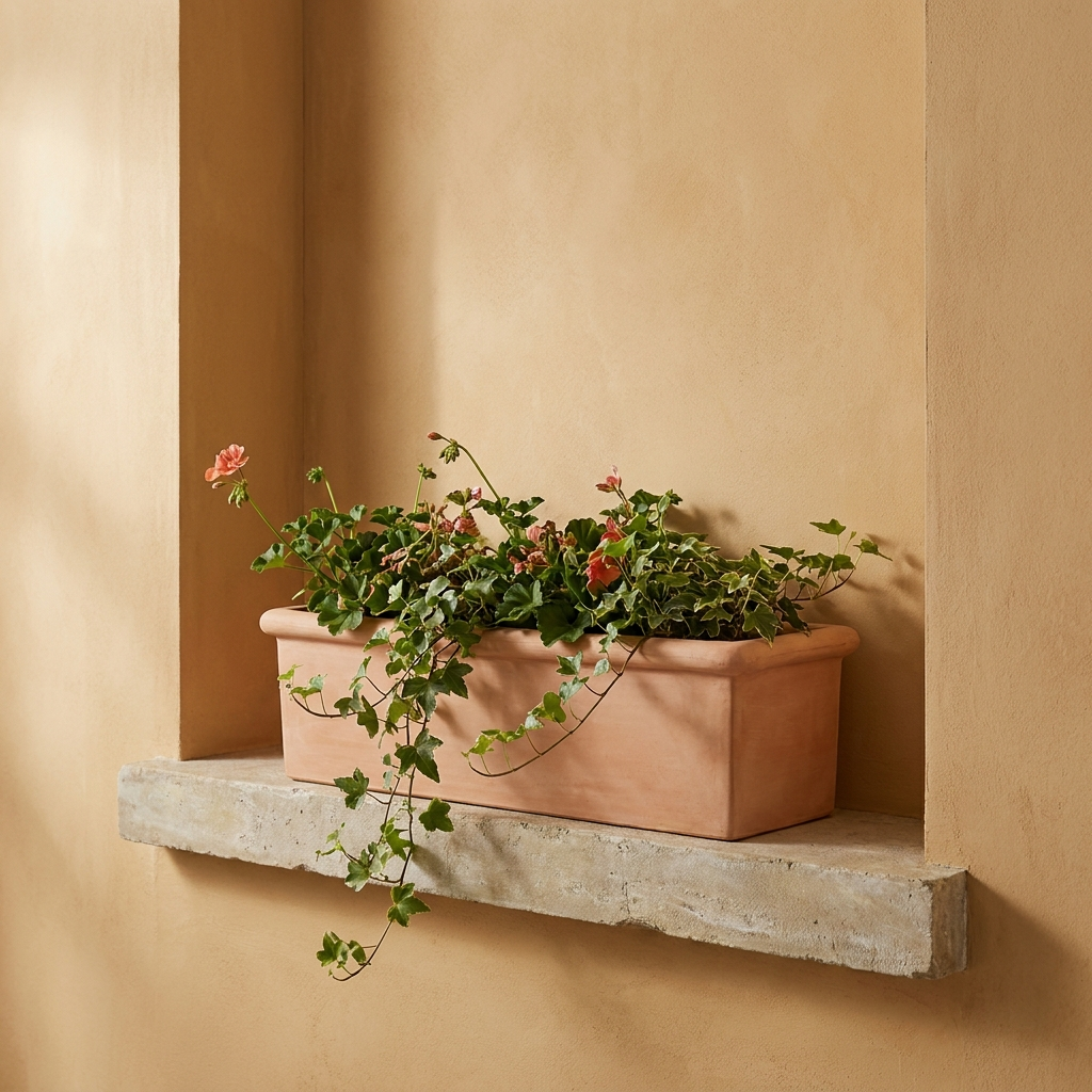 Ravello Window Box terracotta window box planter with trailing geraniums on limestone sill
