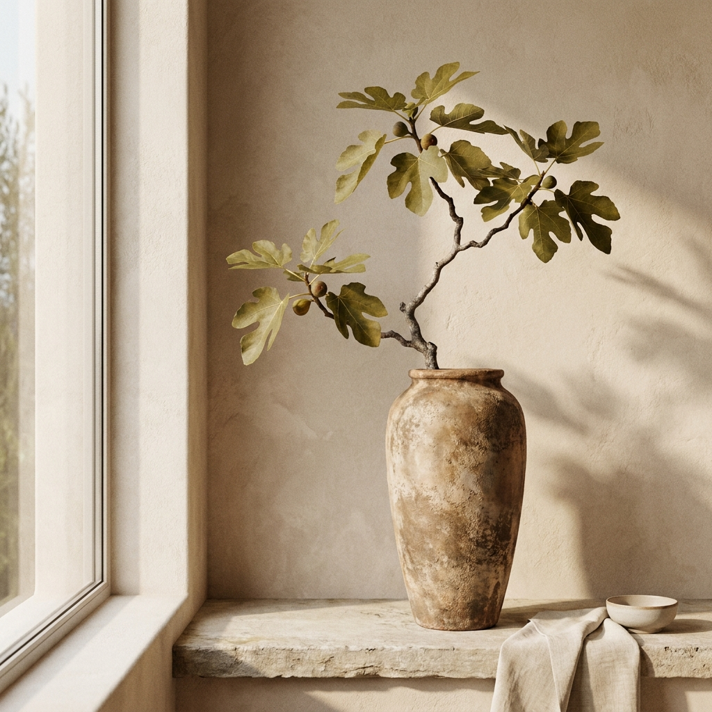 Amalfi Tall Jar slender aged terracotta jar planter with fig branch on limestone terrace