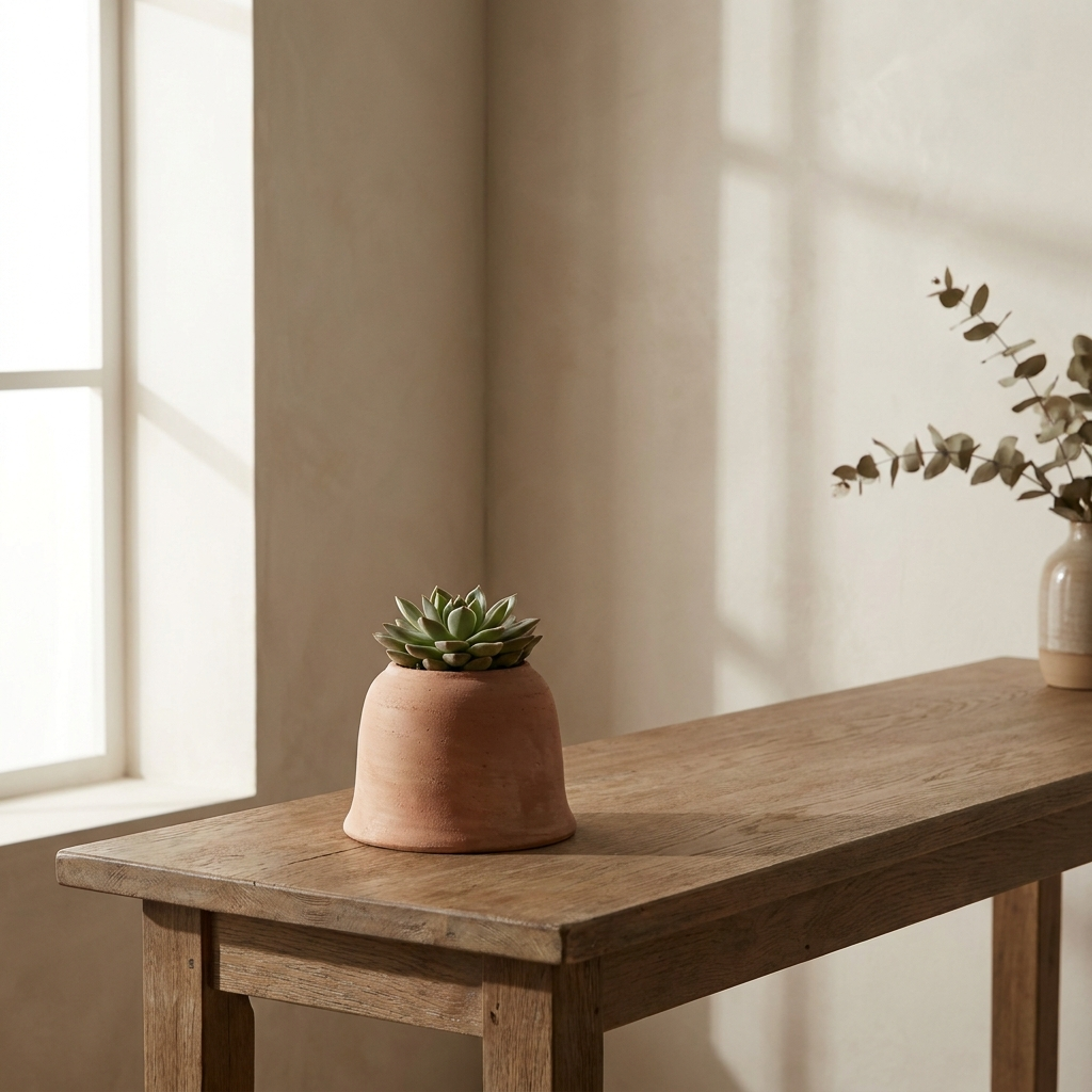 Cortona Bell Pot small bell-shaped terracotta pot with succulent on oak console