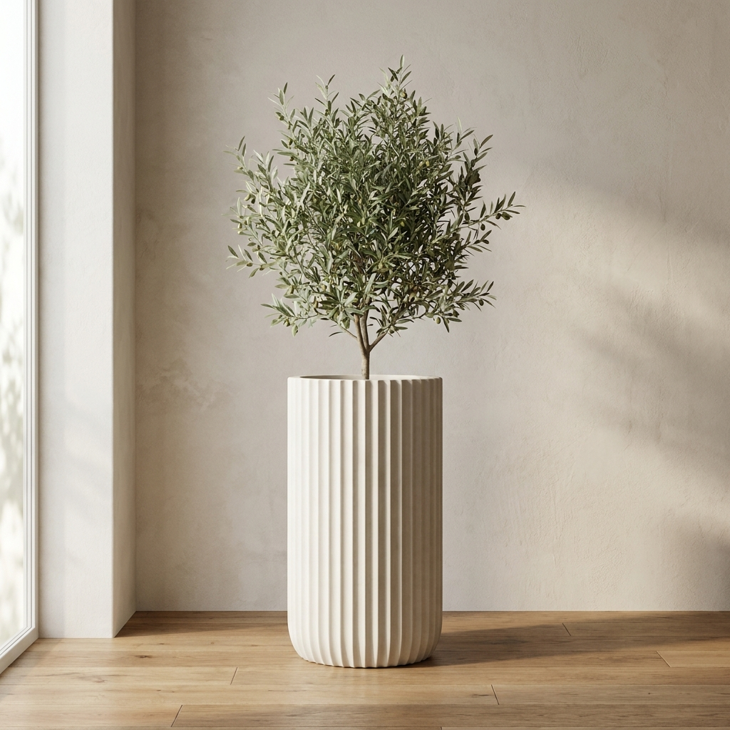 CONCEPT IMAGERY — Kesler Fluted Column planter concept, fluted fiberglass column in limestone white