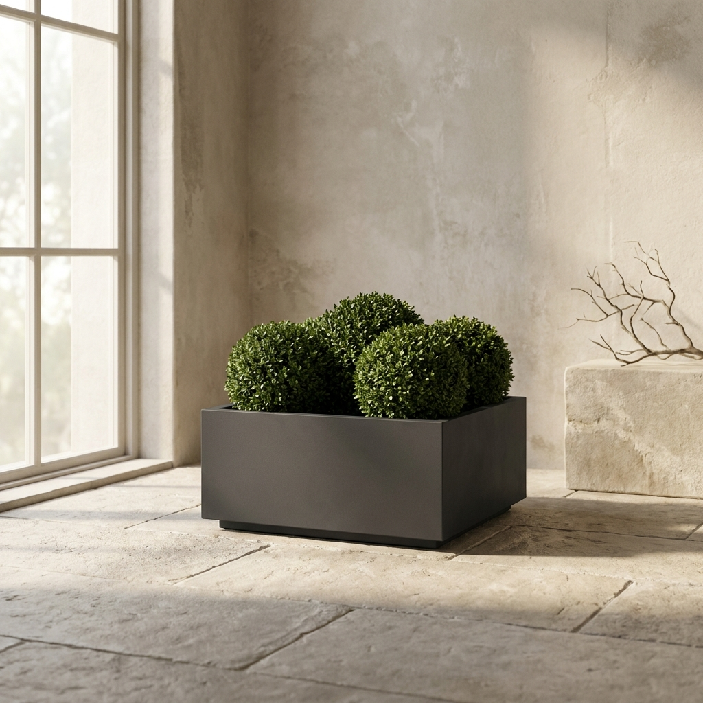 CONCEPT IMAGERY — Torrance Low Square planter concept, low square fiberglass planter in charcoal
