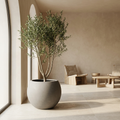 CONCEPT IMAGERY — Prescott Grand Cylinder planter concept, commercial-scale fiberglass cylinder in cement grey