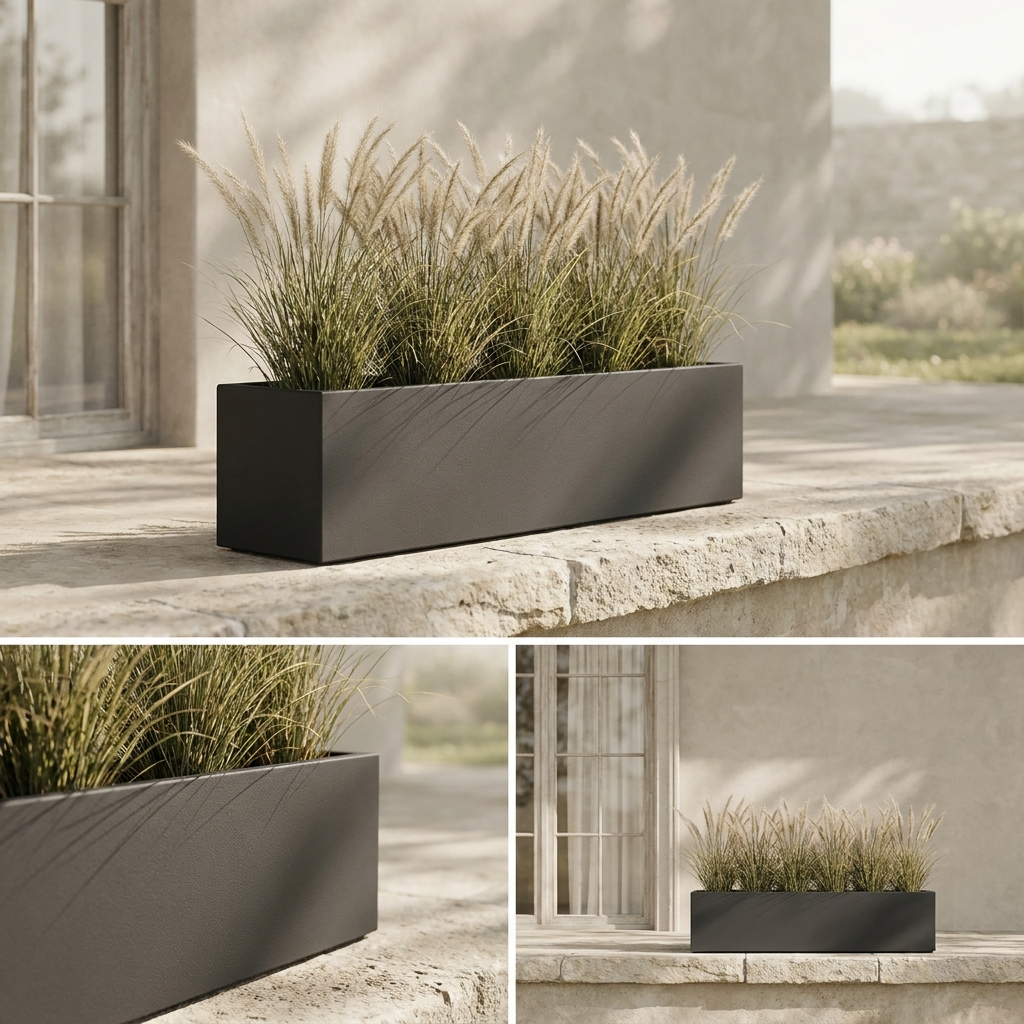 CONCEPT IMAGERY — Corbel Grand Rectangle planter concept, long charcoal fiberglass rectangle planter