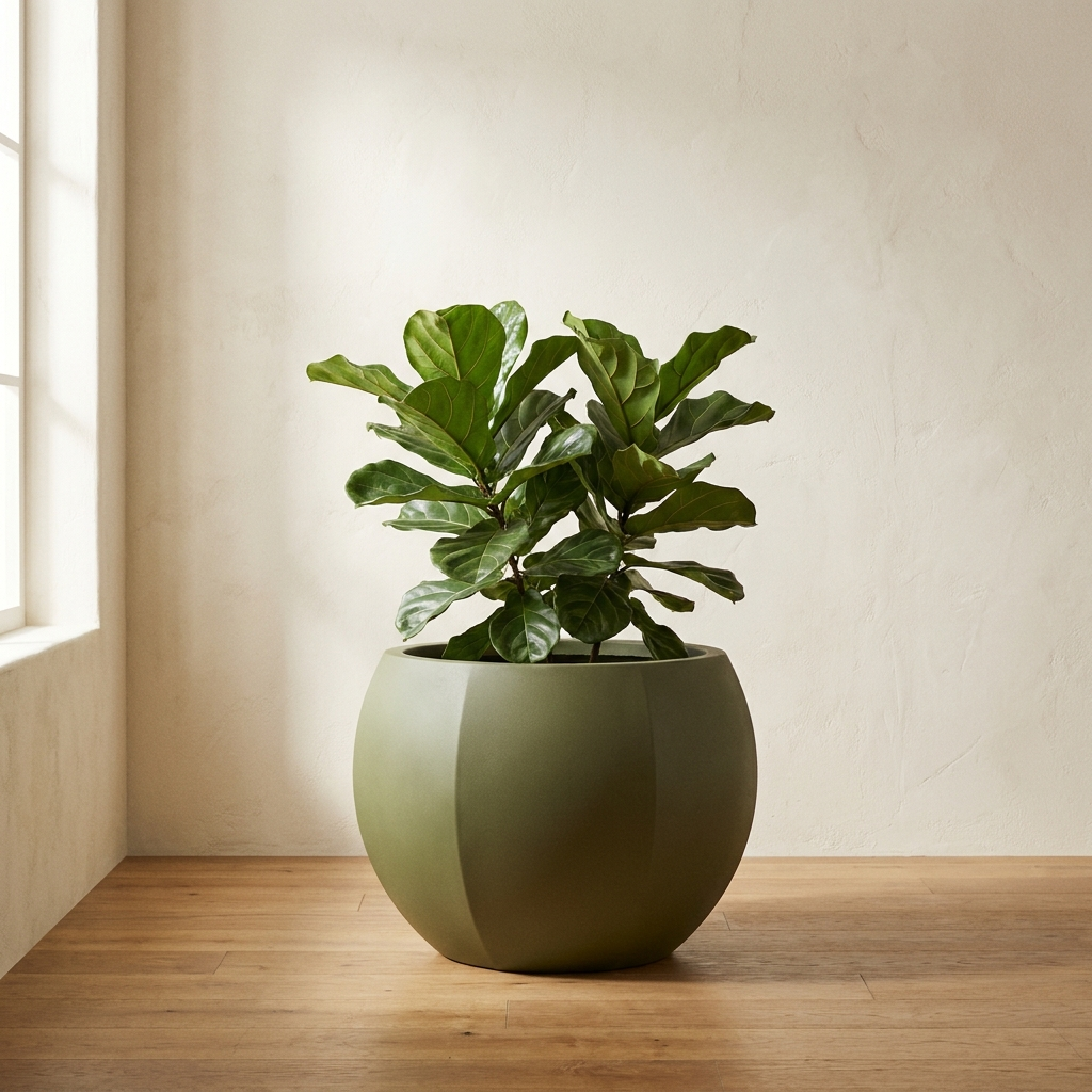 CONCEPT IMAGERY — Ansel Faceted Round planter concept, faceted fiberglass planter in olive