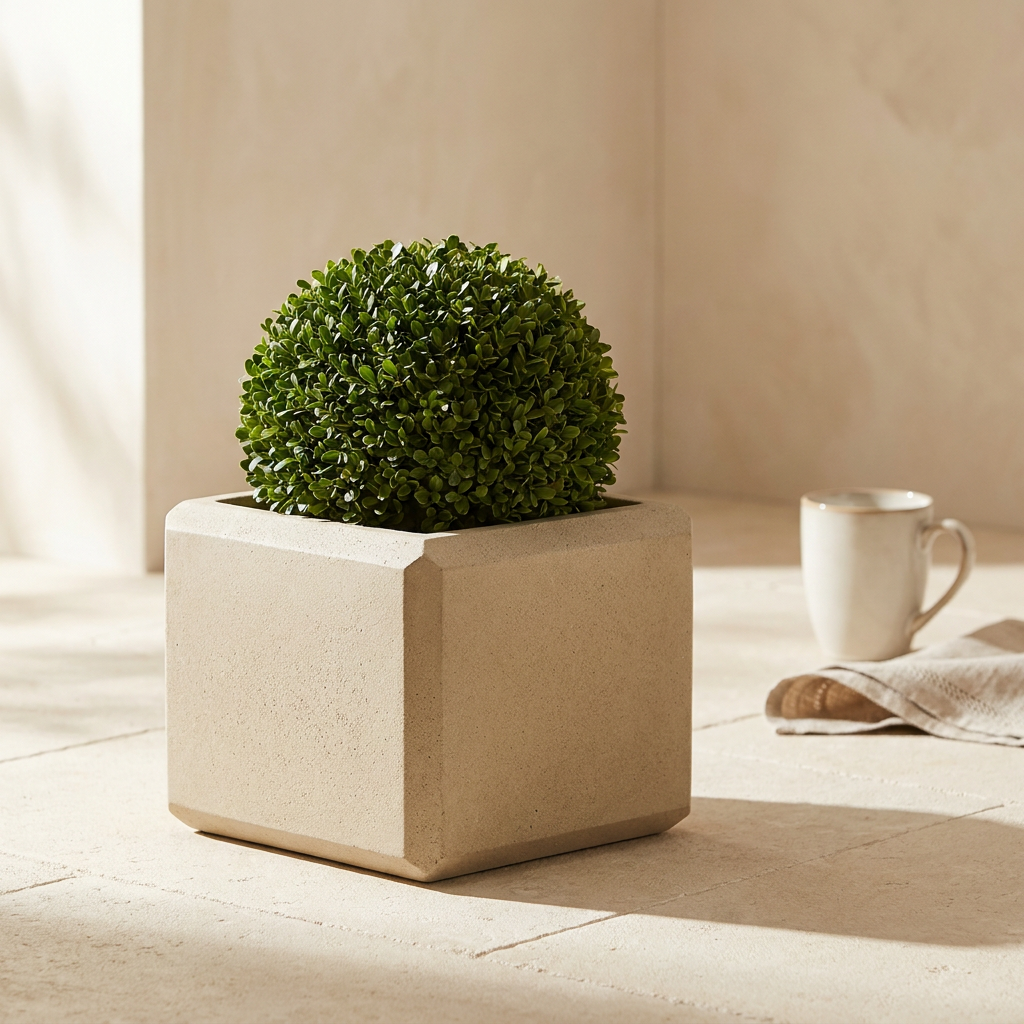 CONCEPT IMAGERY — Tor Chamfered Square concept, chamfered cast concrete square planter in sand-washed finish