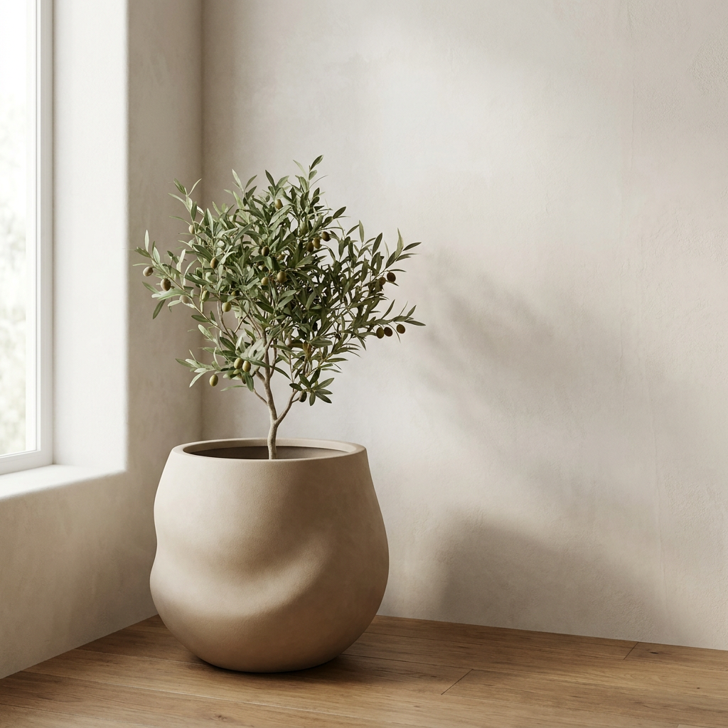 CONCEPT IMAGERY — Strand Sculpted Round concept, organic sculpted fiberstone planter in warm sand