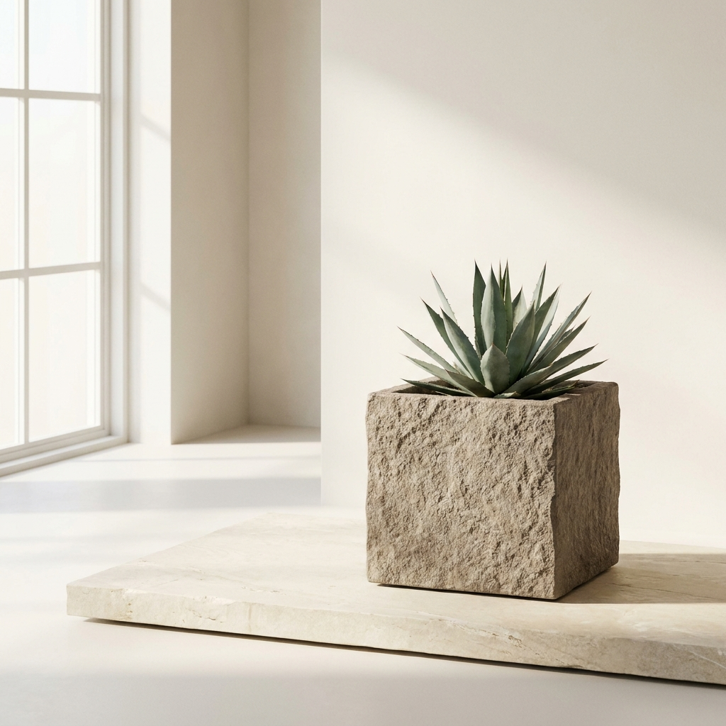 CONCEPT IMAGERY — Crag Textured Cube concept, textured mineral composite cube planter in warm grey