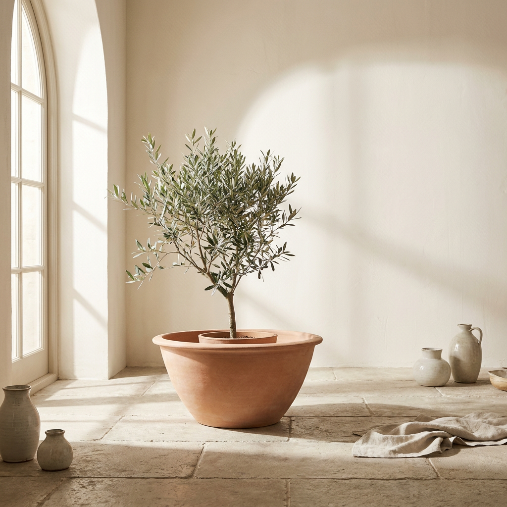 CONCEPT IMAGERY — Olea Orchard Pot concept, wide low terracotta orchard pot with olive tree