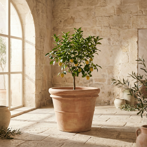 CONCEPT IMAGERY — Alba Rolled-Rim Grande concept, oversized rolled rim terracotta planter with lemon tree