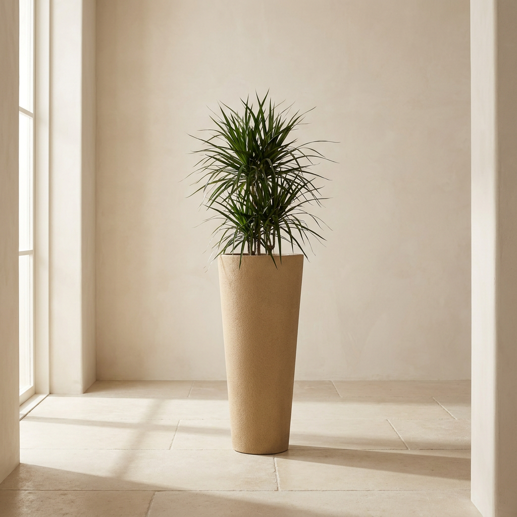 CONCEPT IMAGERY — Spire Tapered Column concept, tall tapered fiberstone column planter in warm sand