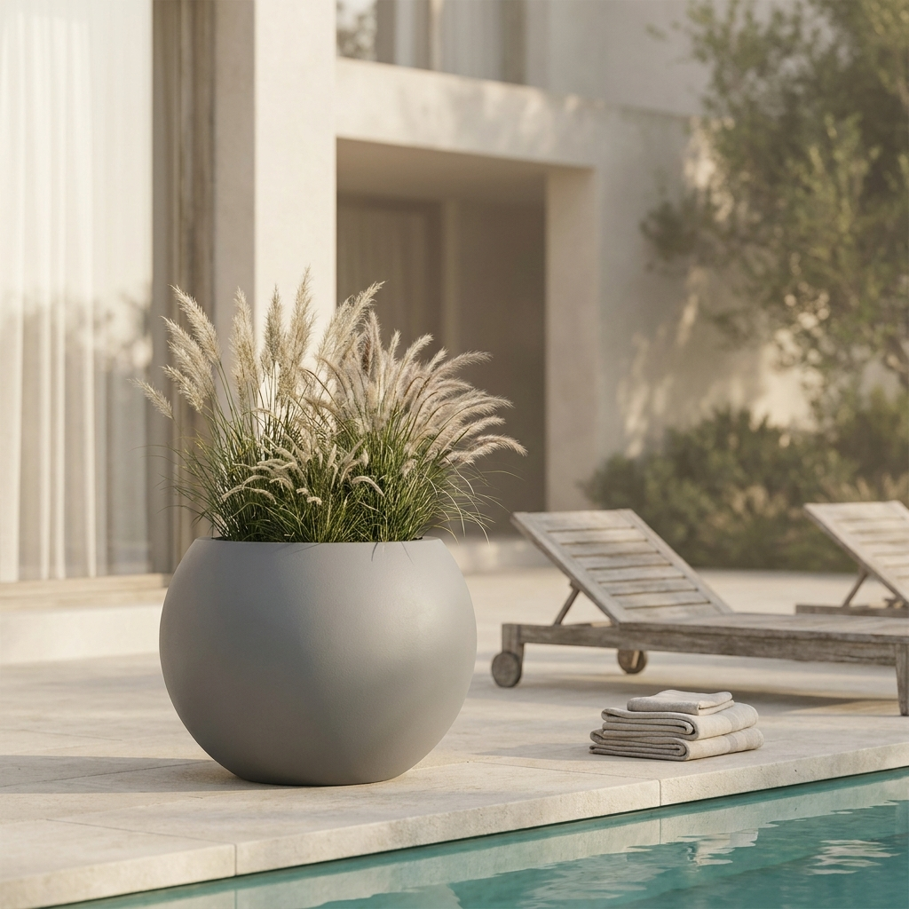 CONCEPT IMAGERY — Orbit Sphere Grande concept, oversized sphere fiberglass planter in cement grey poolside