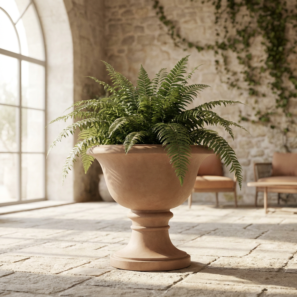 CONCEPT IMAGERY — Thebes Grand Urn concept, grand flared fiberstone urn in hotel courtyard