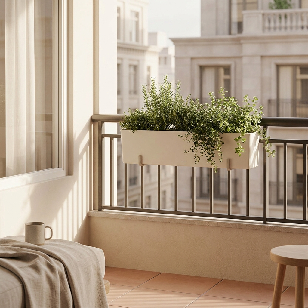CONCEPT IMAGERY — Balcon Rail Trough concept, bone fiberglass balcony rail planter with herbs
