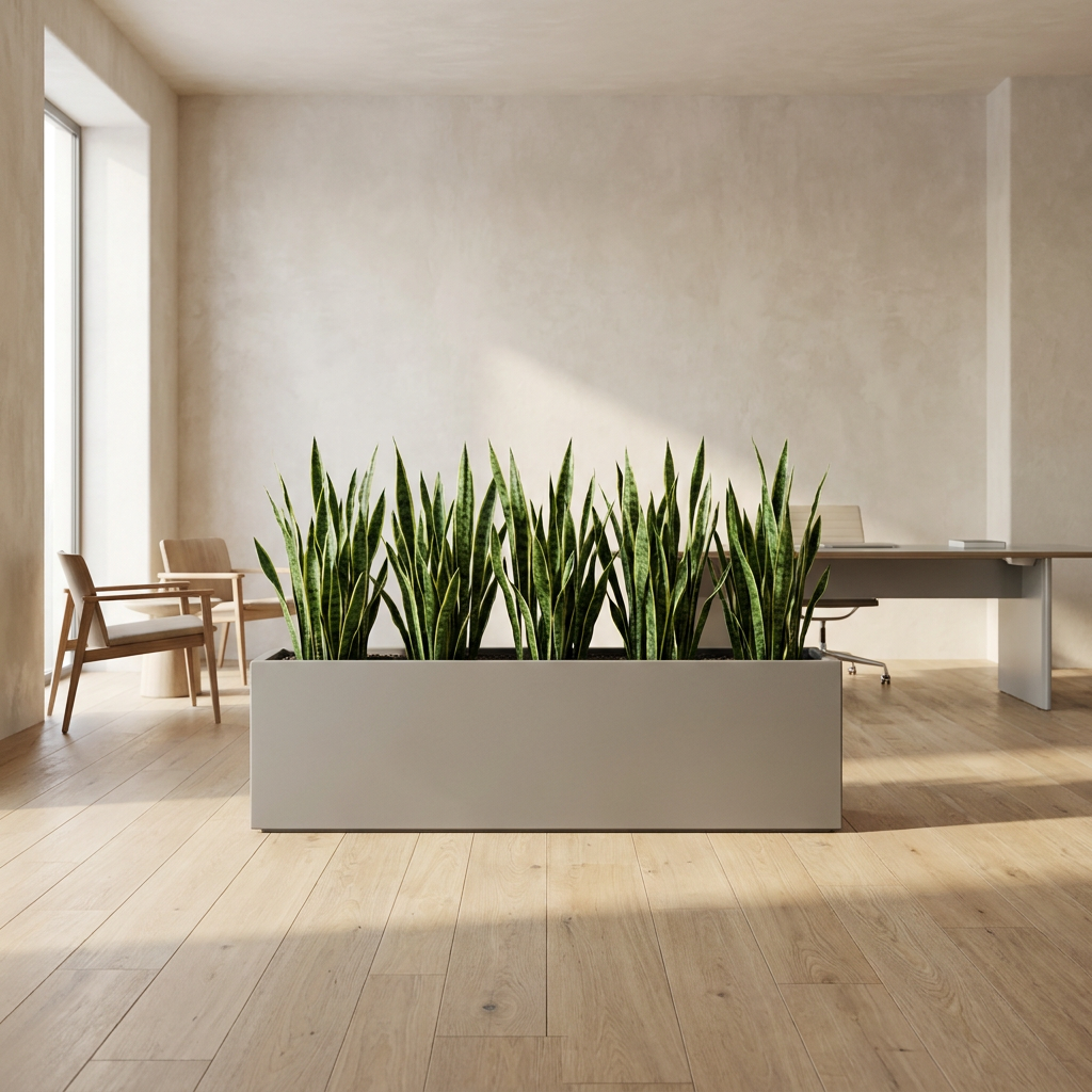 CONCEPT IMAGERY — Corso Office Divider concept, cement grey fiberglass divider planter with snake plants