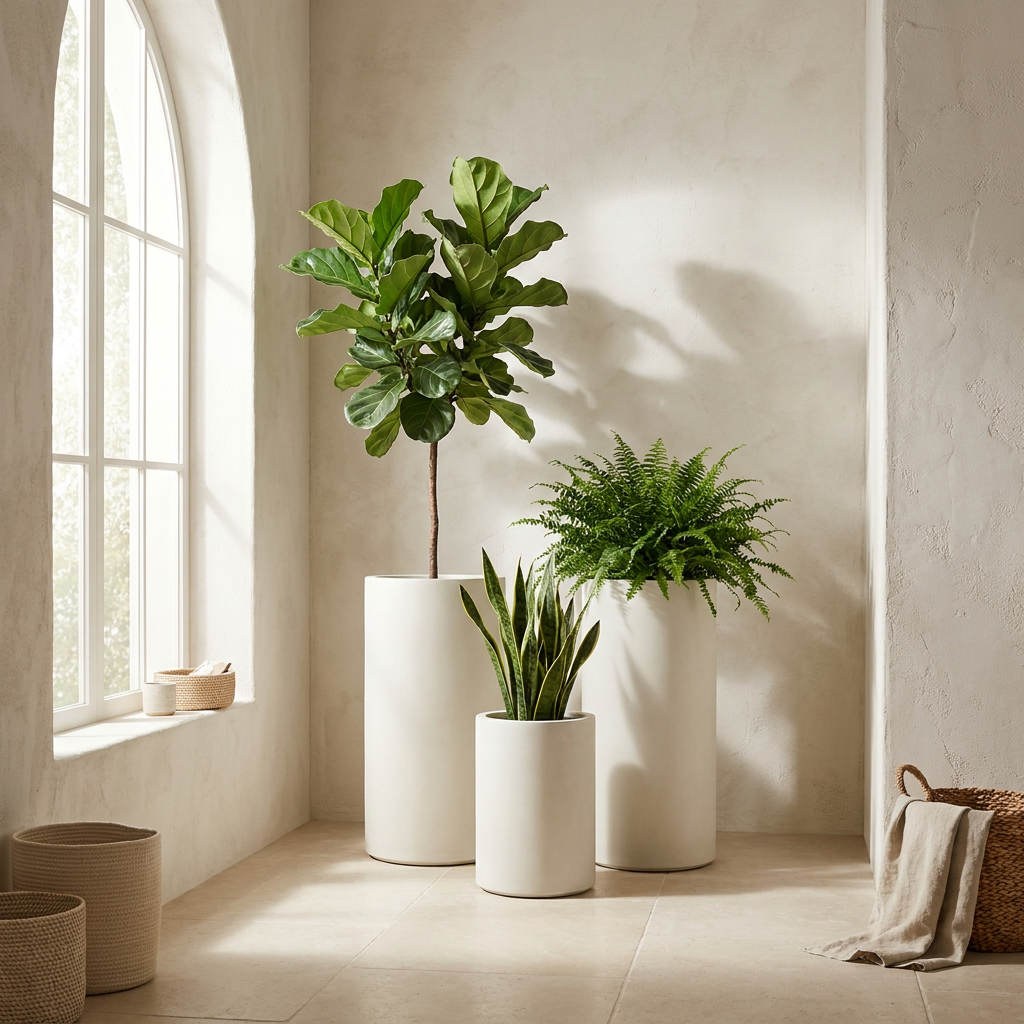 CONCEPT IMAGERY — Triad Column Set concept, three limestone white fiberglass columns at staggered heights