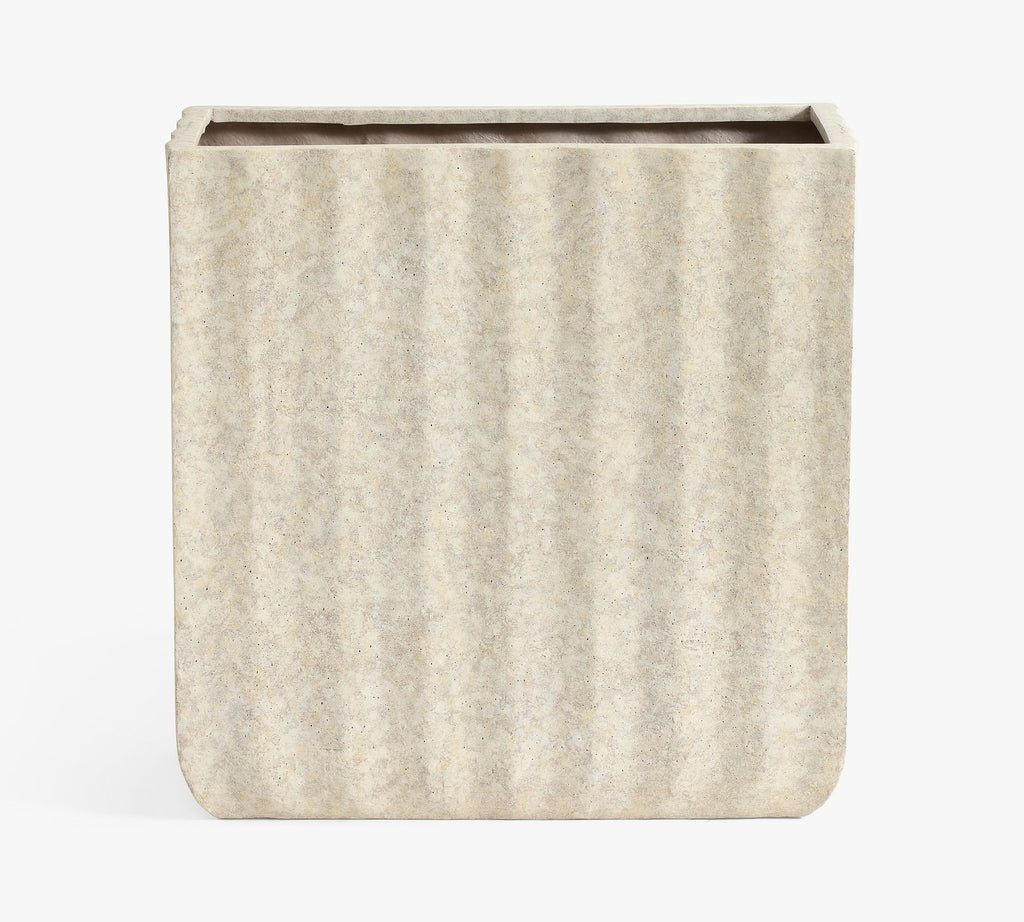 Modern Fluted Square Planter, Tall Box - Rustic White