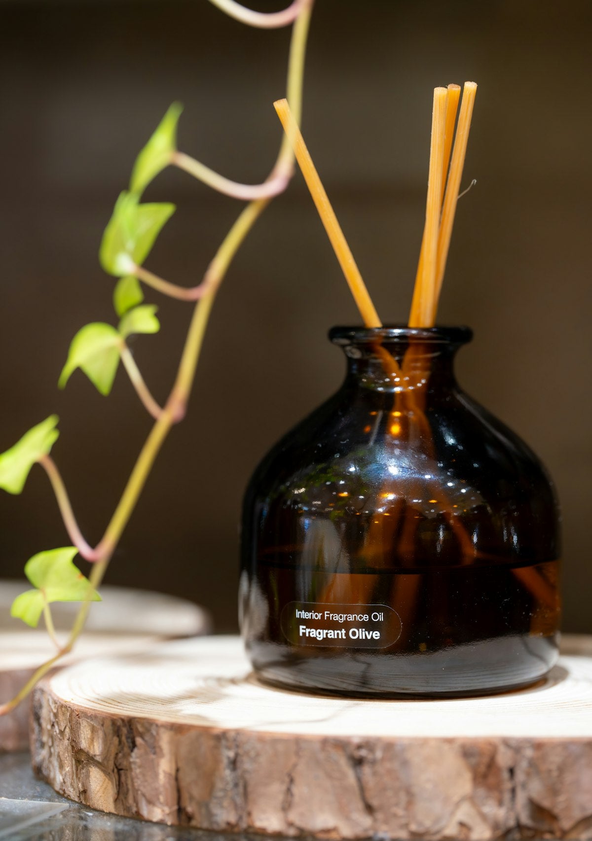 Reed diffuser in warm amber glass beside plant and candle