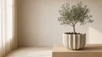 Wrap Planter with an olive tree in a warm architectural interior